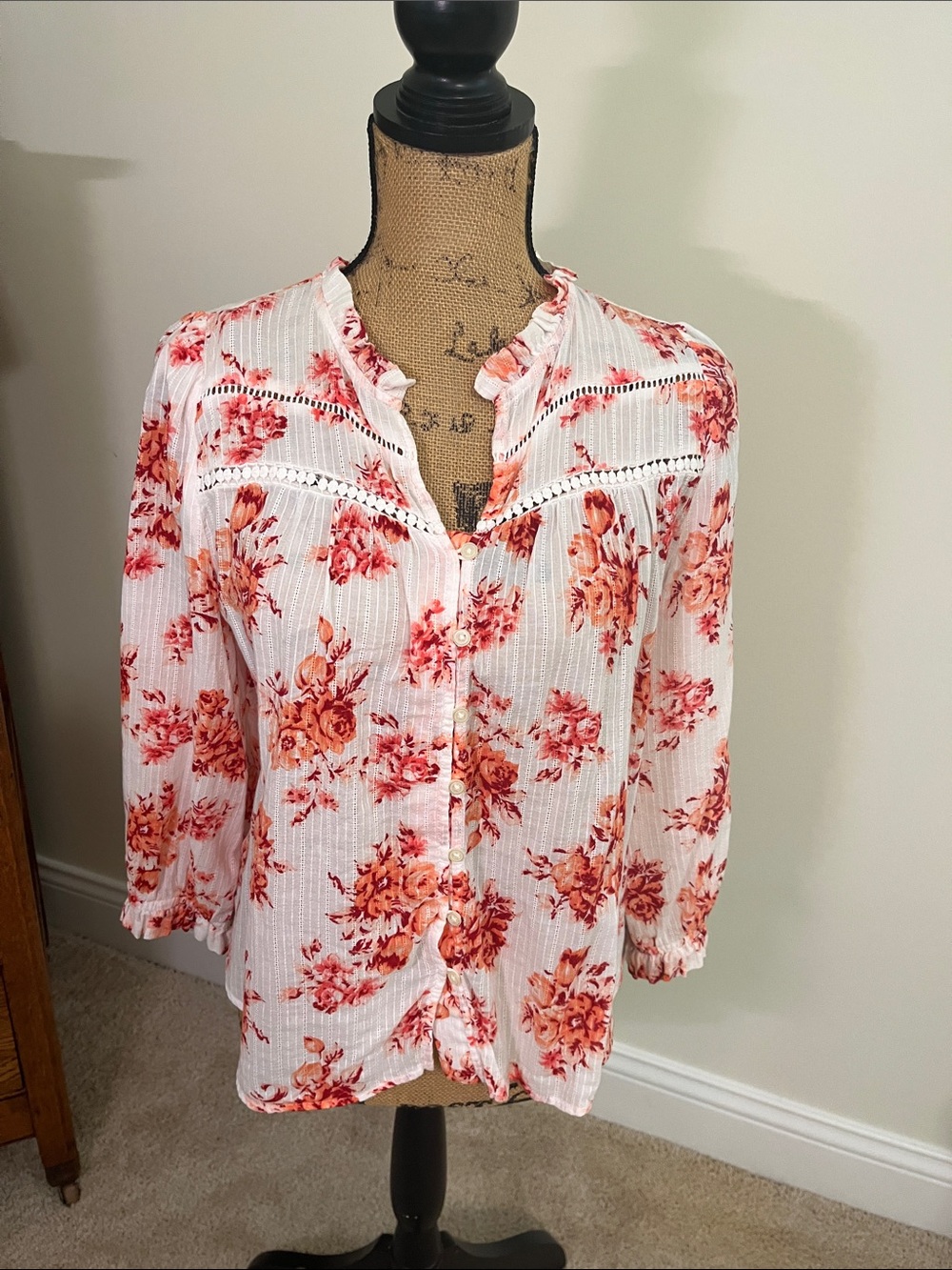 LOFT White Blouse with Coral Floral Print